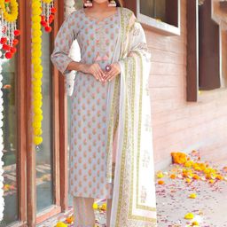 KALINI Floral Printed Pure Cotton Straight Kurta with Trousers & Dupatta-56