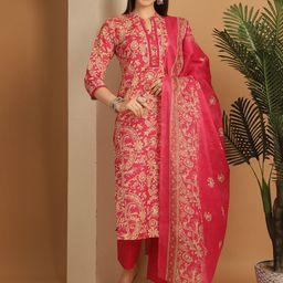 KALINI Floral Printed Regular Mandarin Collar Straight Kurta With Trousers & Dupatta-4