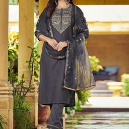 KALINI Ethnic Motifs Yoke Design Thread Work Detail Straight Kurta & Trouser With Dupatta-image-23