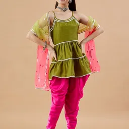 Cherry & Jerry Girls Tiered Gotta Patti Kurti with Dhoti Pants & With Dupatta-image-47