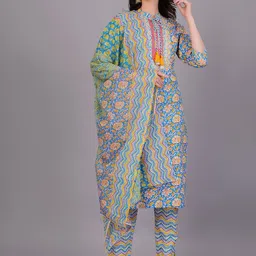 KALINI Floral Printed Mirror Work Pure Cotton Kurta With Trousers & Dupatta-8