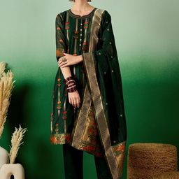 KAVINDI Floral Regular Chanderi Cotton Kurta with Trousers & With Dupatta image 1