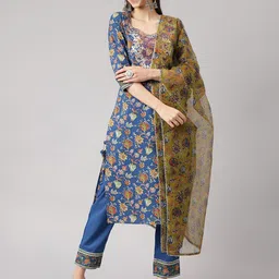Divena Floral Printed Zardozi Pure Cotton Kurta With Trousers & Dupatta-55