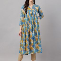 Janasya Women's Blue Chiffon Lurex Floral Printed Flared Kurta-image-13