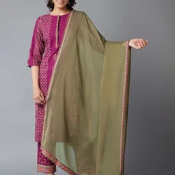 W Green & Gold-Toned Solid Dupatta-50