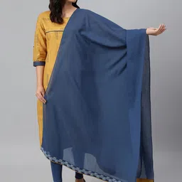 W Women Blue Cotton Dupatta with Running Stich Embroidery-53