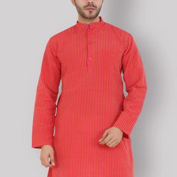 Latest Chikan Garments Men Red & Yellow Striped Straight Kurta-1