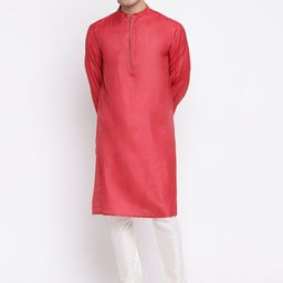 Fabindia Men Red Solid Thread Work Silk Kurta-image-16