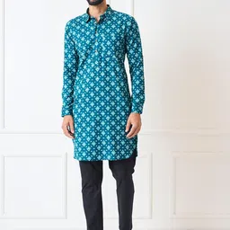 See Designs Shirt Collar Ethnic Motifs Printed Pure Cotton Pathani Kurta-image-98
