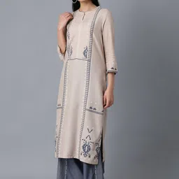 W Women Beige Printed StraightKurta-picture-13