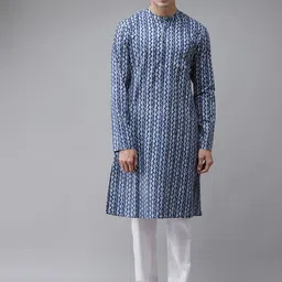See Designs Men Blue Geometric Printed Thread Work Indigo Kurta-image-68