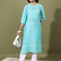 Vishudh Women Blue Ethnic Motifs Keyhole Neck Chikankari Kurta-picture-46