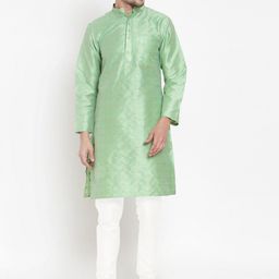 KLOTTHE Men Green and Gold Coloured Ethnic Motifs Printed Cotton Silk Straight Kurta-15
