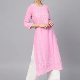 Varanga Women Pink Ethnic Motifs Embroidered Cotton Chikankari Kurta-image-118