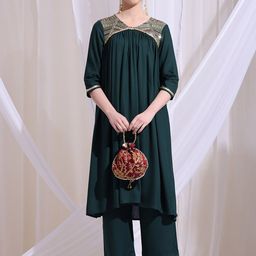 Anouk V-Neck Thread Work A-Line Flared Kurta with Palazzos & With Dupatta image 5