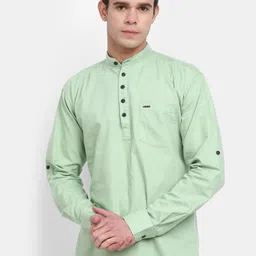 V-Mart Band Collar Roll-Up Sleeves Cotton Short Kurta-image-97