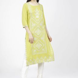 Vishudh Women Lime Green Screen Printed Floral Straight Kurta-image-75