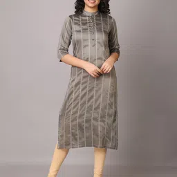 V TRADITION Women Grey Striped Chanderi Cotton Kurta-image-34