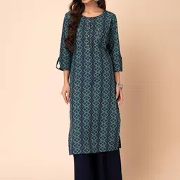 INDYA Ethnic Motifs Printed Mirror Work Pure-Cotton A-Line Kurtas-19