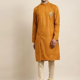 Anug by SOJANYA Men Mustard Yellow Thread Work Pure Cotton Kurta-image-3