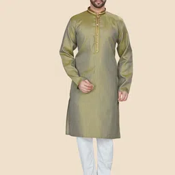 Anouk Olive Green Woven Design Flared Sleeves Thread Work Jacquard Kurta-picture-43
