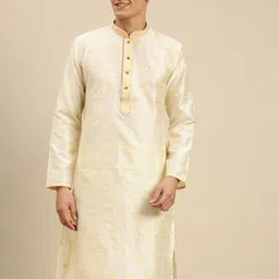 Sanwara Men Cream-Coloured Thread Work Pastels Jacquard Kurta-20