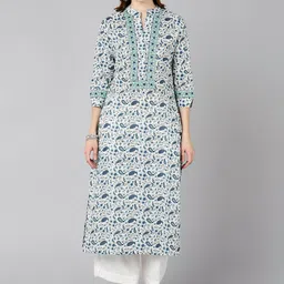 ZNX Clothing Women White & Sea Green Ethnic Motifs Printed Cotton A-line Kurta-image-99
