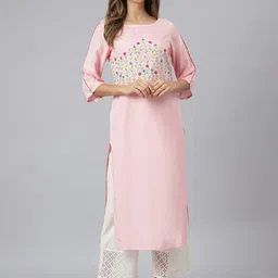 JAIPUR ATTIRE Women Pink & Blue Floral Embroidered Thread Work Kurta-image-71