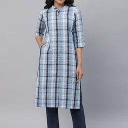 AURELIA Band Collar Checked Straight Cotton Kurta-image-62