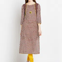 AgrohA Women Brown Geometric Printed Mirror Work Cotton Kurta-picture-32