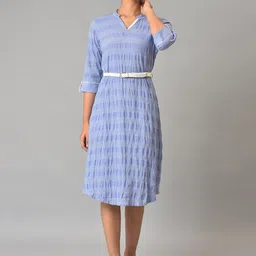 AURELIA Striped V Neck Roll Up Sleeves Dress with Belt-95