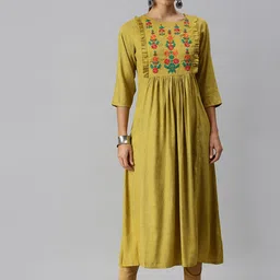 SHOWOFF Women Mustard Yellow Floral Mirror Work Kurta-image-17