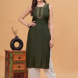 KALINI Round Neck Floral Yoke Design Thread Work Straight Cotton Kurta-picture-40