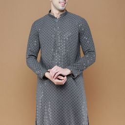 Sanwara Mandarin Collar Embellished Straight Jaquard Kurta-image-80