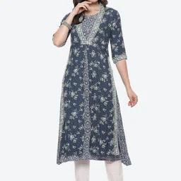 Biba Women Navy Blue & Beige Floral Printed Kurta-picture-28