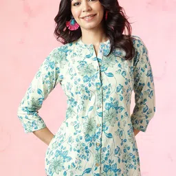 Anouk Blue Floral Printed Mandarin Collar Pure Cotton Top-image-36