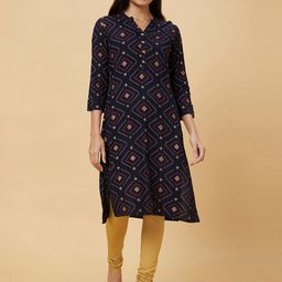 Globus Navy Blue & Yellow Colour Geometric Printed Mandarin Collar Straight Kurta-image-83