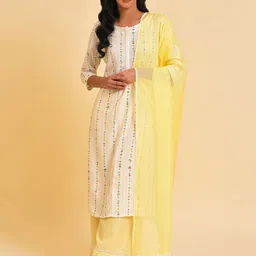 W White & Pink Lace Floral Printed Straight Kurta-54