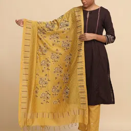 W The Folksong Collection Women Yellow Cotton Silk Block Printed Drape-23