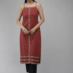 KALINI Ethnic Motifs Printed Shoulder Straps Cotton Straight Kurta-image-44