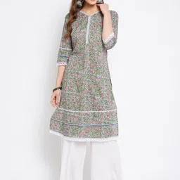 Imfashini Women Blue Floral Printed Block Print Lace Detail Kurta-picture-22