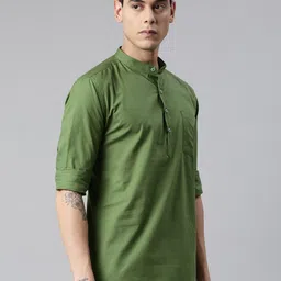 Kryptic Men Olive Green Solid Cotton Short Kurta-41