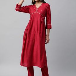 KAMI KUBI Yoke Design Embroidered V-Neck A-Line Empire Kurta-image-51