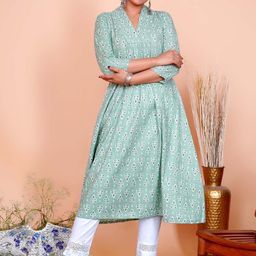 Salvia Sky Geometric Printed Cotton Anarkali Kurta-image-9