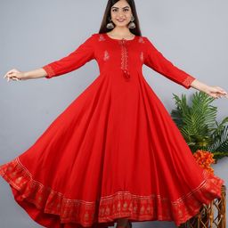 KALINI Women Red Ethnic Motifs Embroidered Keyhole Neck Anarkali Kurta-picture-5
