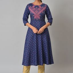 W Women Blue Ethnic Motifs Embroidered Anarkali Kurta-25
