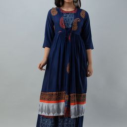 CELEBRAVO Ethnic Motifs Printed Round Neck Fit &Flare Midi Ethnic Dress With Shrug-image-97