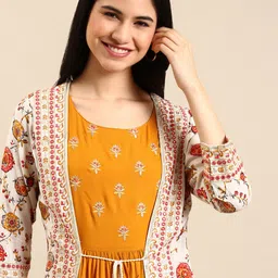 SHOWOFF Women Mustard Yellow Solid Thread work Anarkali Kurta-picture-13