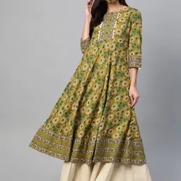 KALINI Floral Motifs Printed Pleated Cotton Anarkali Kurta-picture-52