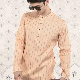 Ode by House of Pataudi Orange & Brown Stripes Woven Design Mandarin Collar Jacquard Kurta-picture-39